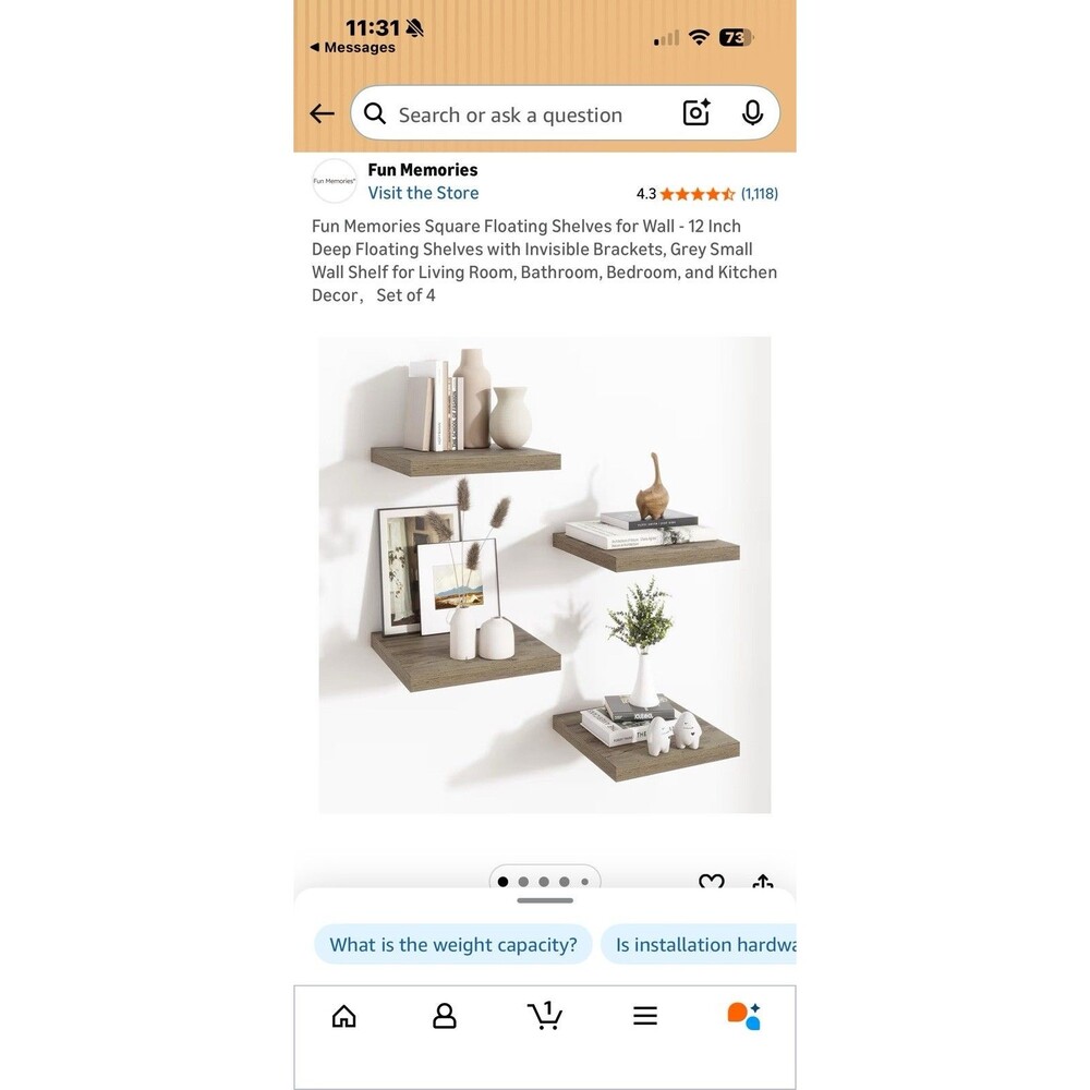 Set of 4 Fun Memories 12” Square Floating Wall Shelves Grey w Invisible Brackets